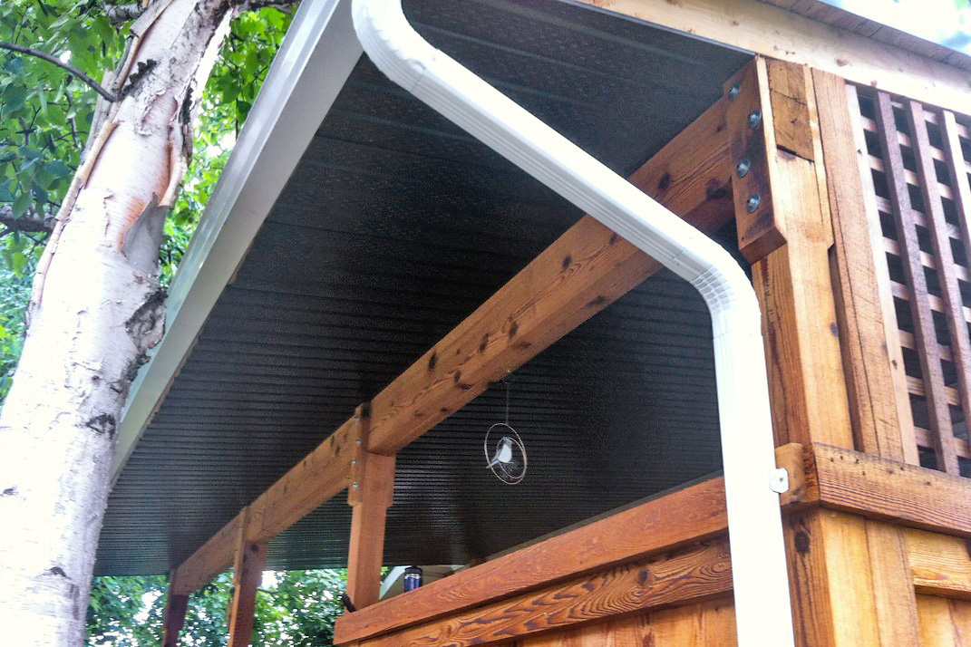 white eavestroughing and gutters on a wooden home