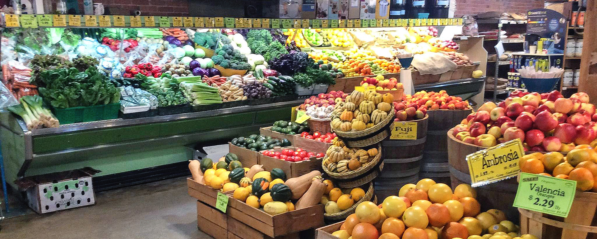 Interior of Ellison's Market in Nelson showing organic vegetables and produce. 