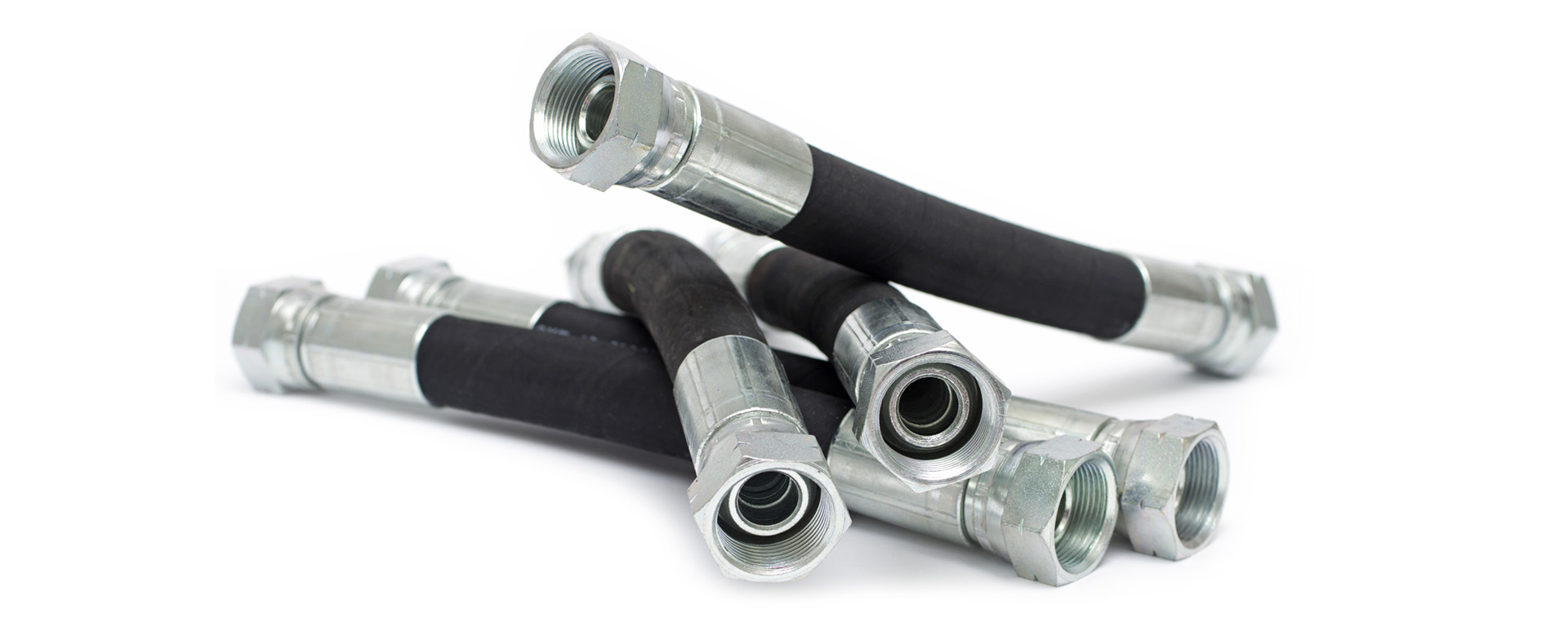 five metal hoses with black rubber wrap around grips on the center 