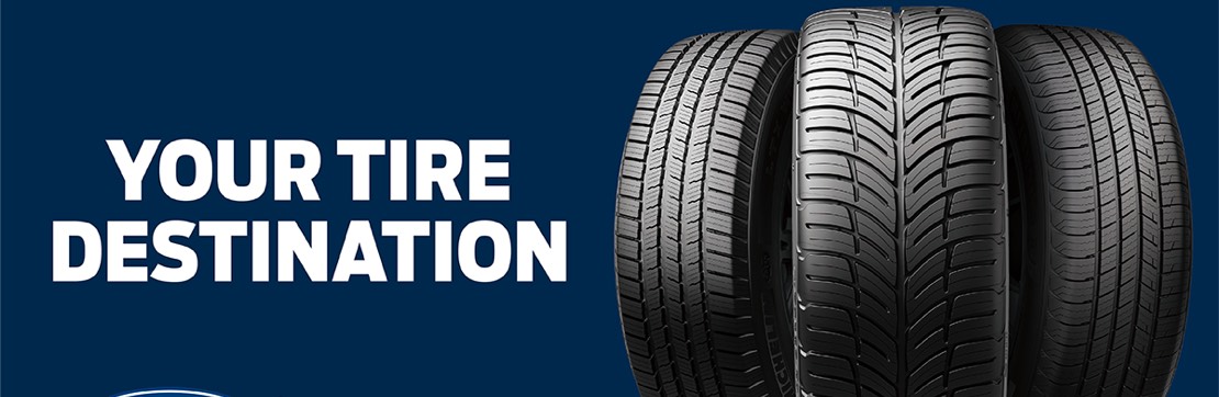 Three tires with the words Your Tire Destination in white block font