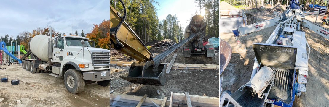Collage of images, showing a white cement truck, and other excavation equipment