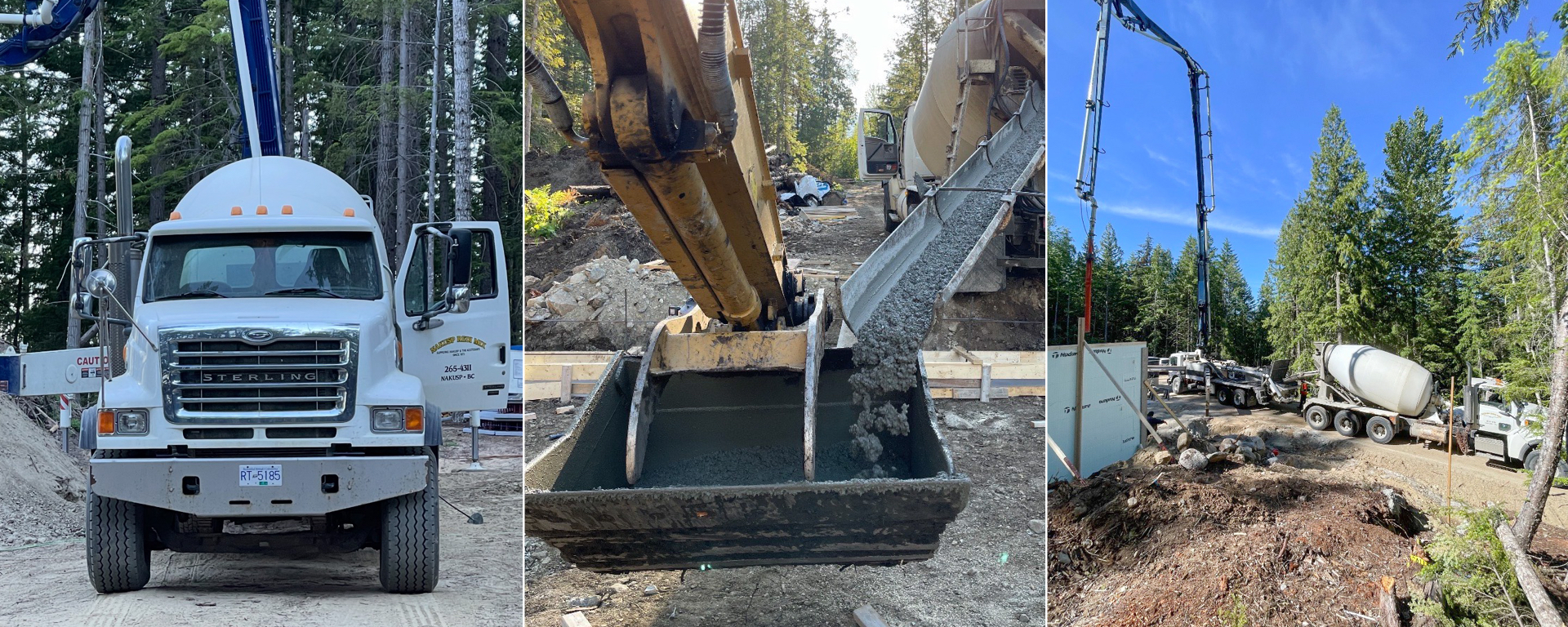 A white cement truck and cement being poured at a job site