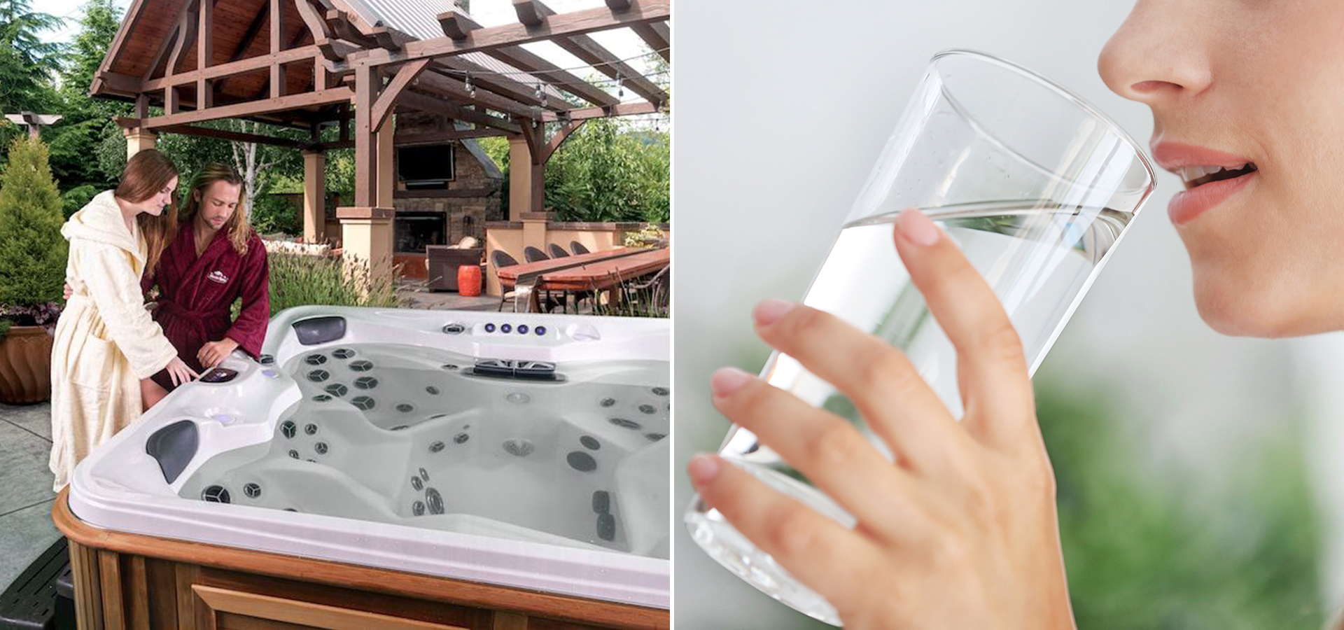 An image of a man and woman by a hot tub on the left, and a woman drinking water on the right 