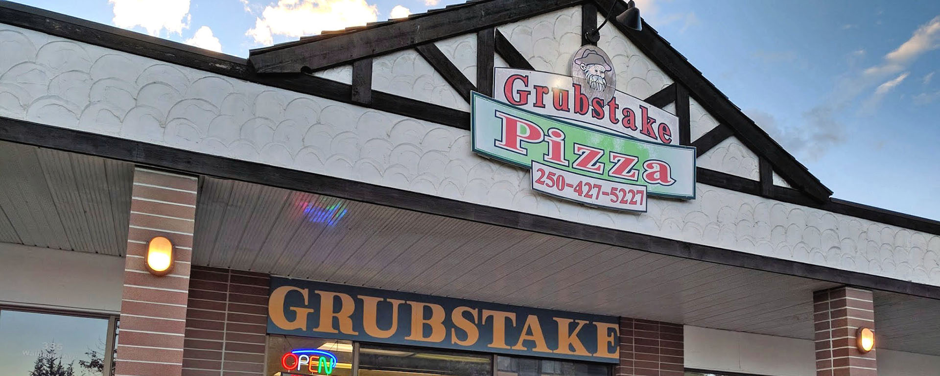 Exterior signage at Grubstake Pizza in Kimberley, BC 
