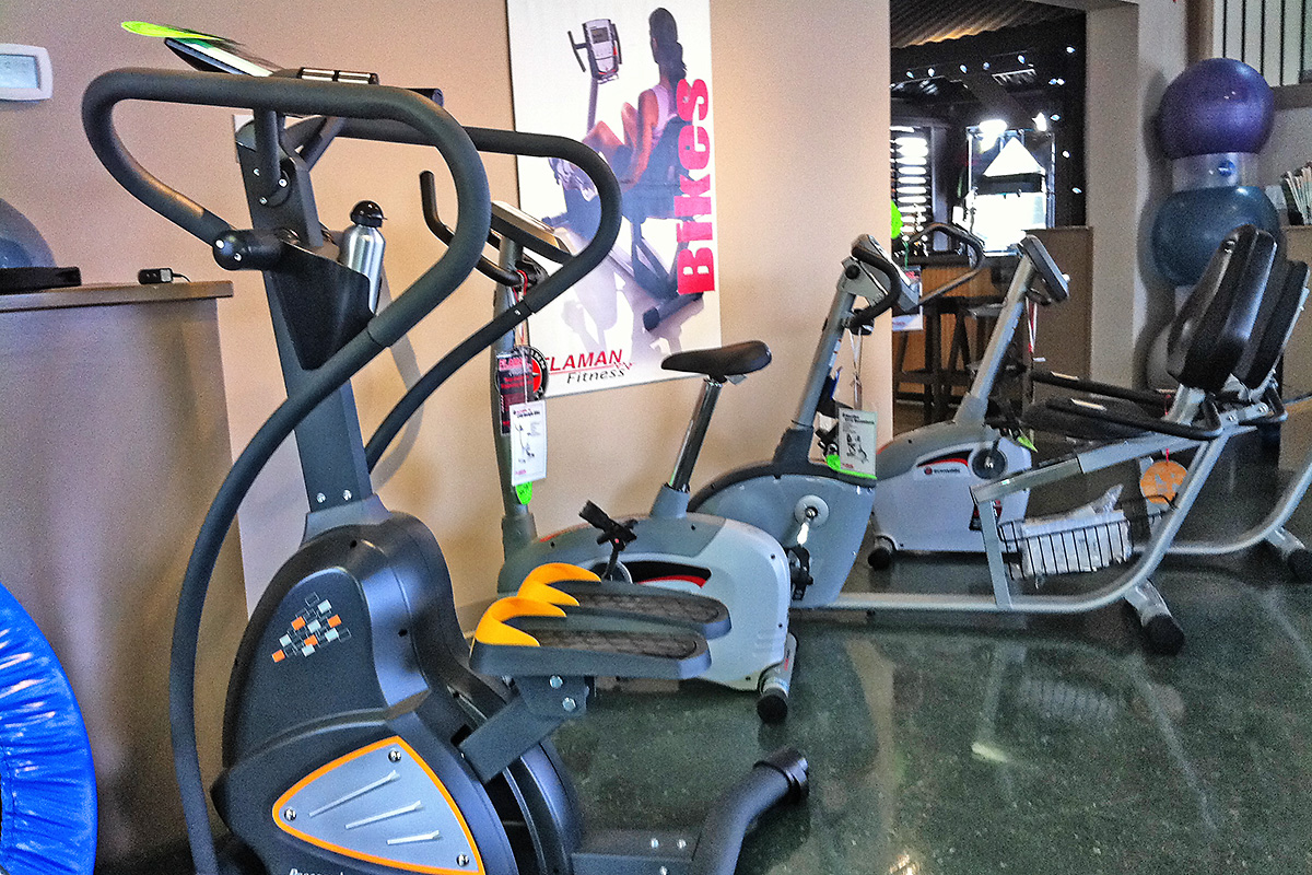 Inside store displaying workout equipment 