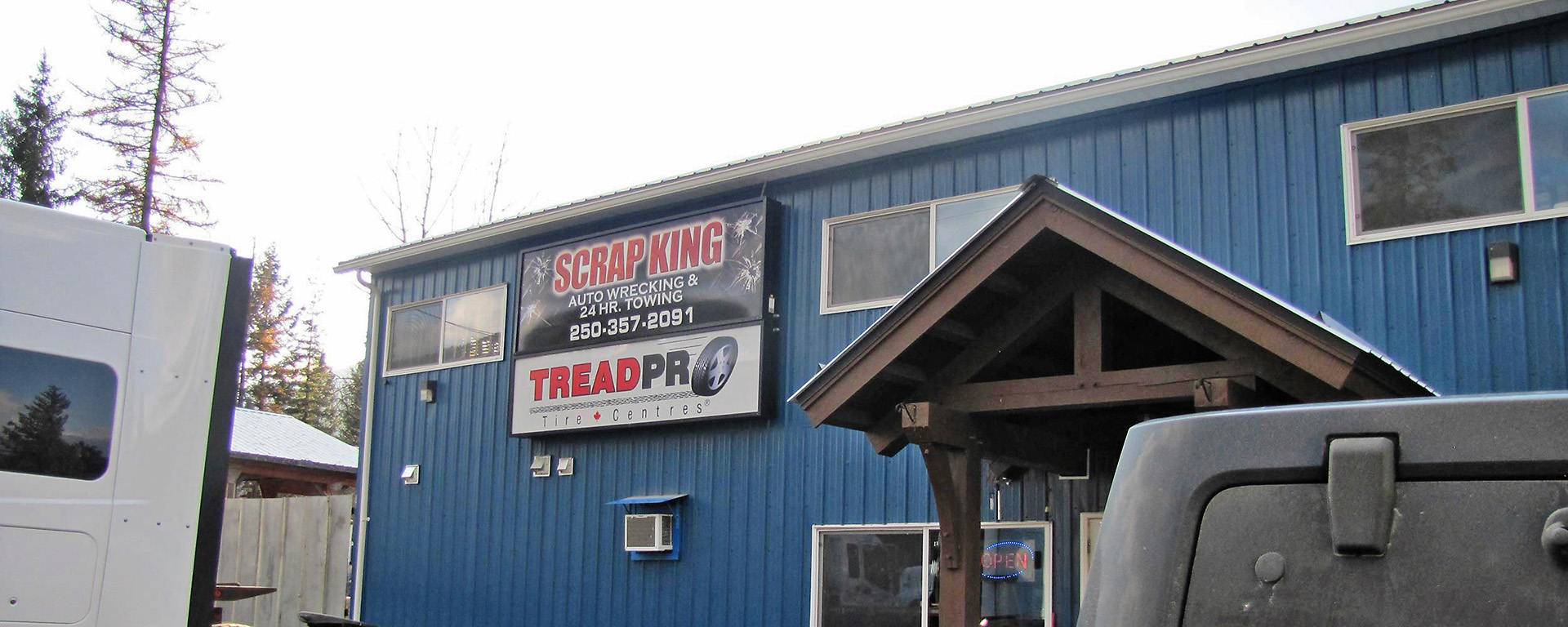 Exterior of Scrap King office in Salmo. 