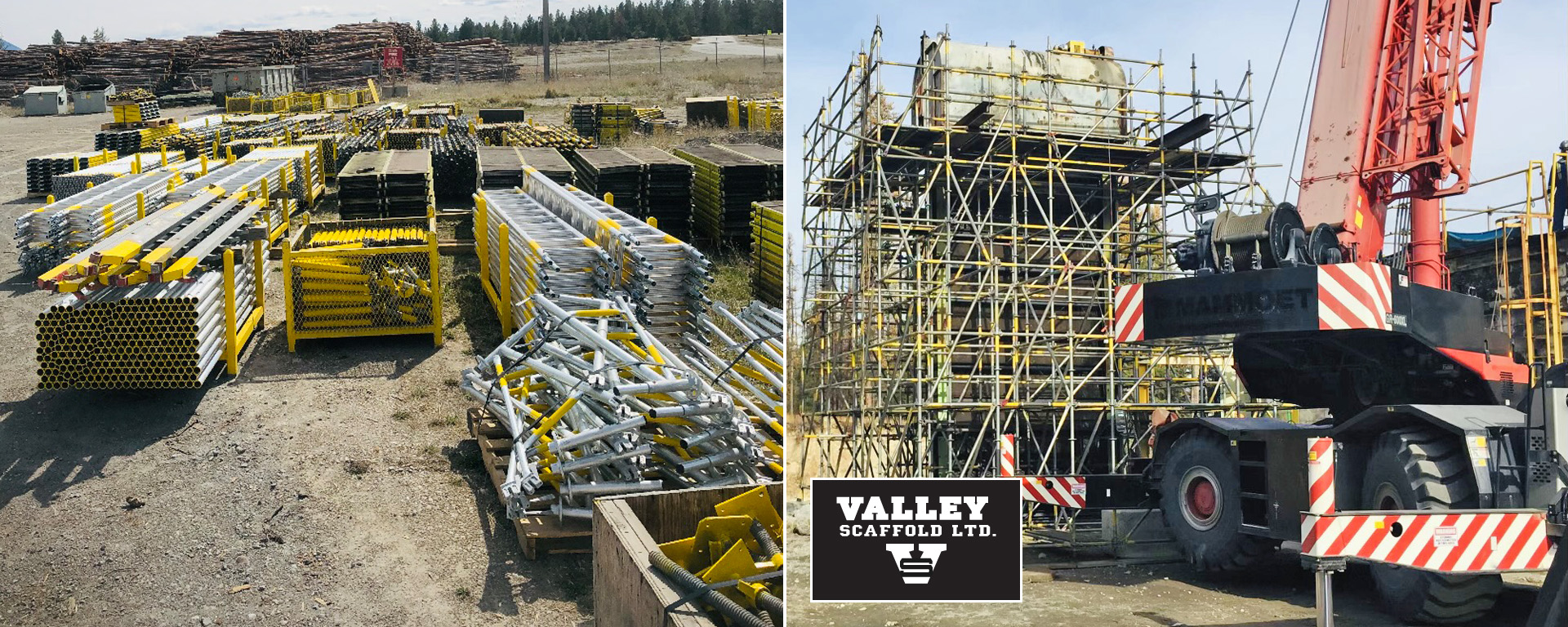 Two images side-by-side, showing scaffolding materials on the left and assembled scaffolding on the right 