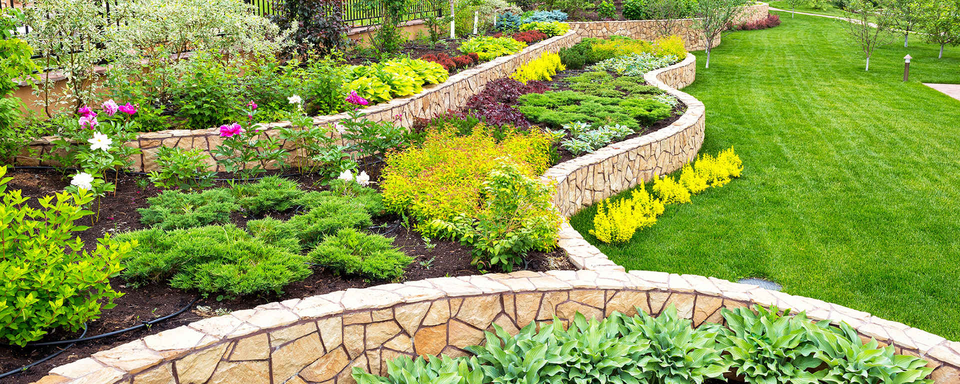 Beautiful back yard with retaining walls and vegetation 