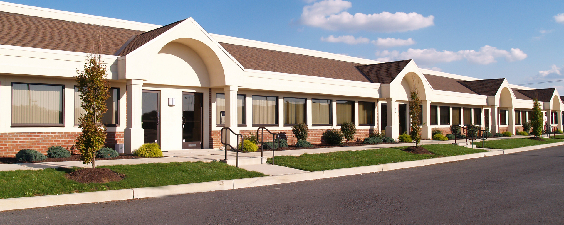 Front entrance of a large commercial office building