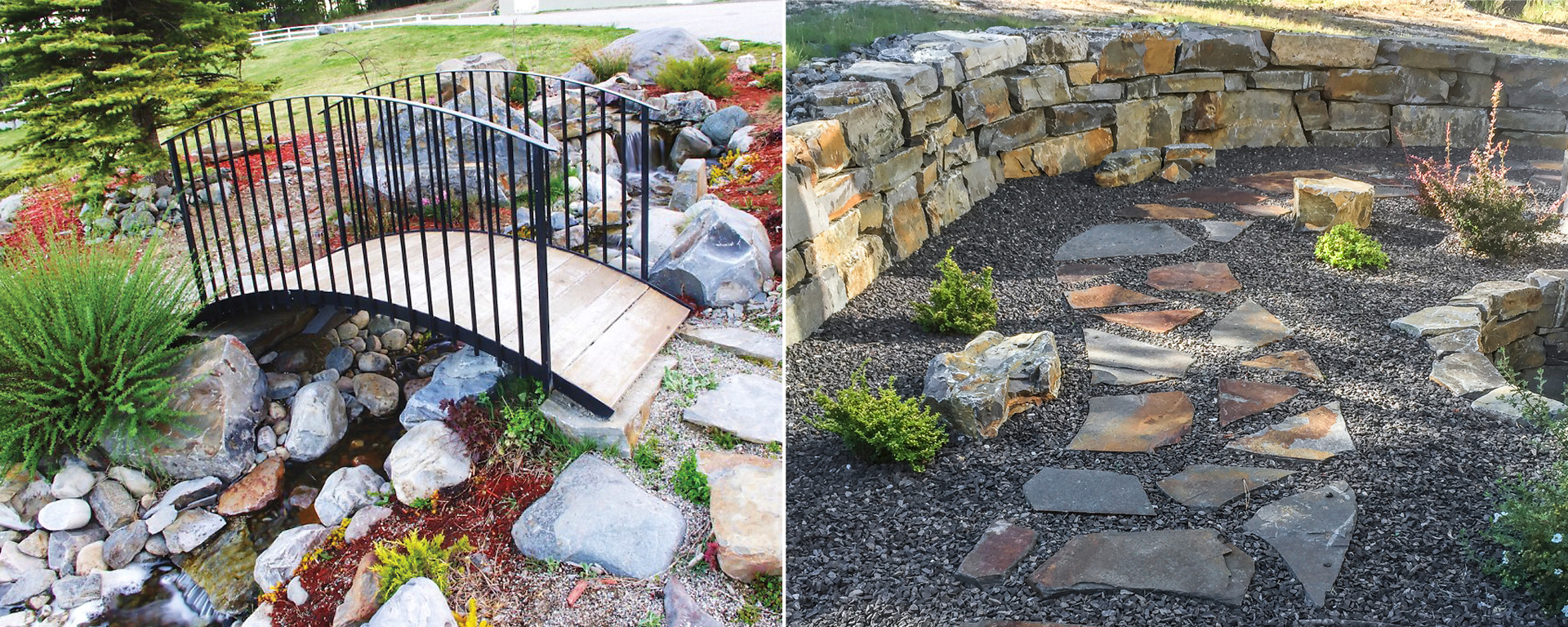 a bridge over a stream and a gazebo next to a rock and water feature were constructed by Westrim Contracting in Creston, BC. 