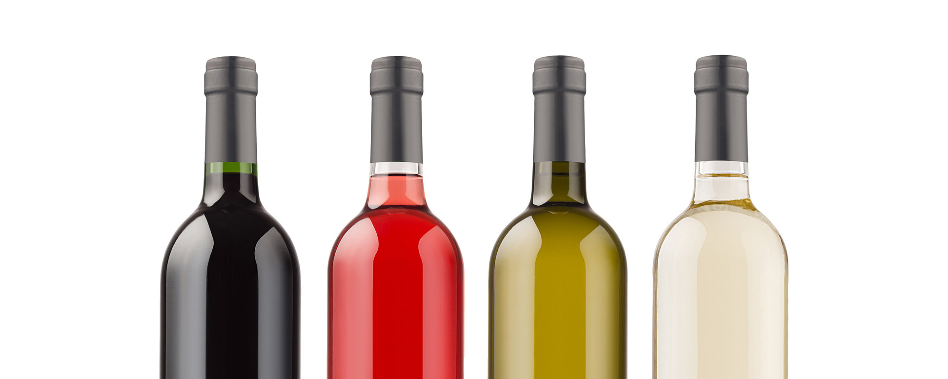 Four bottles of wine lined up, including red, blush and white wines 