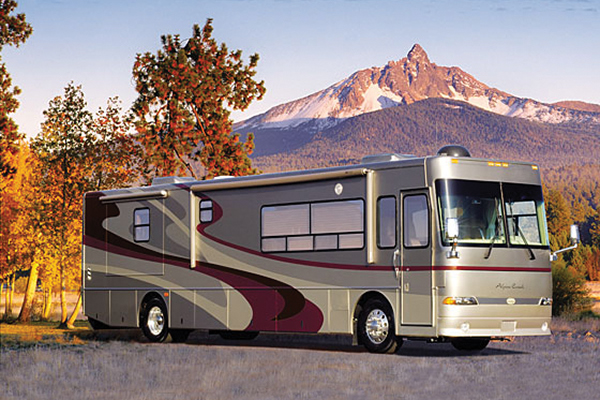 R V parked outside in mountainous terrain