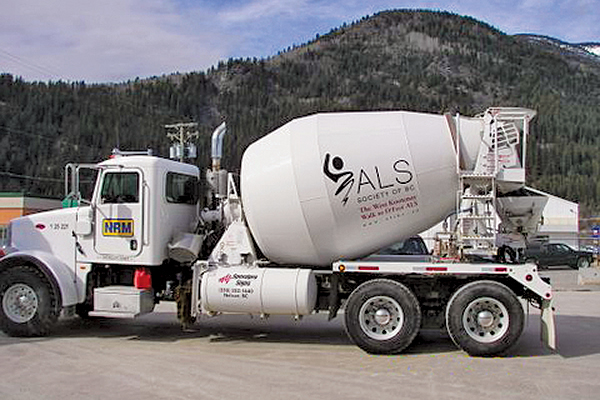 White concrete mix truck parked outside 