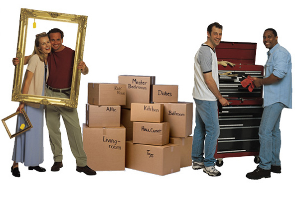 Four people moving boxes and household items