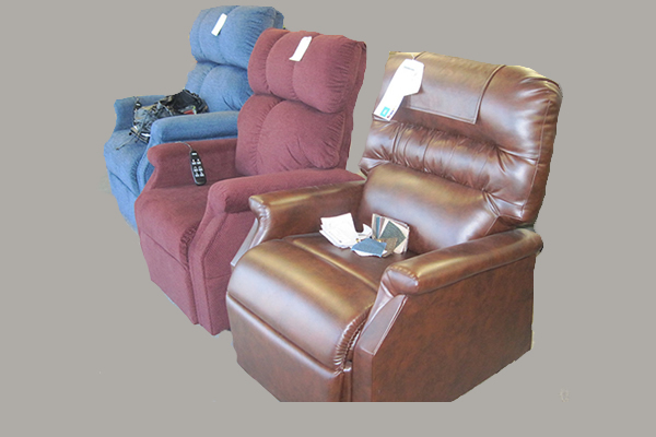 Three recliners on display within the store at Kootenay Columbia Home Medical Equipment