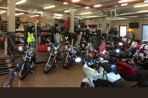 Inside store display of motorcycles