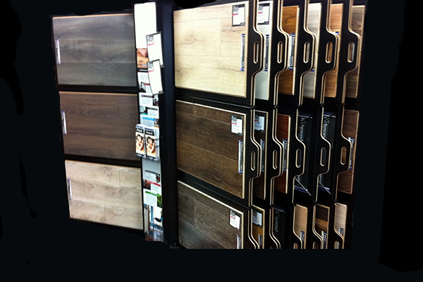 Flooring samples inside store on an upright rack