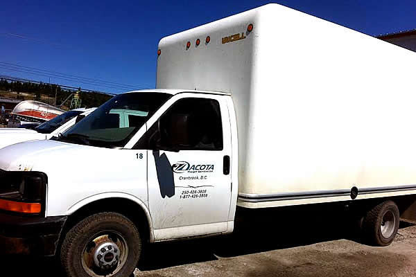White company cube van advertising Dacota Freight Services