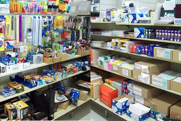 Office supplies stored on shelves at KelPrint