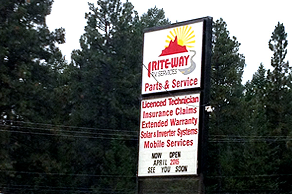 exterior sign outside of Rite Way RV Services listing services offered