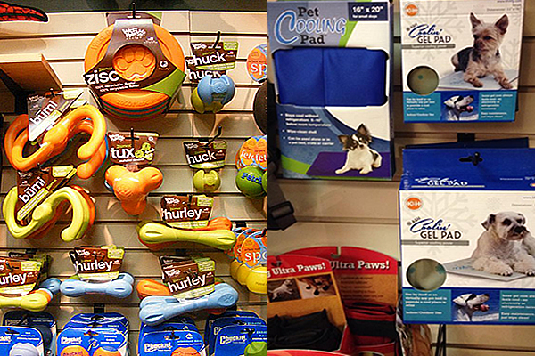 An array of pet products and pet toys displayed on the wall at The Paw Shop 
