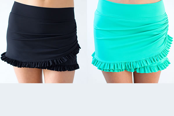 two photos of a black and turquoise ruffled wrap worn for swimwear 