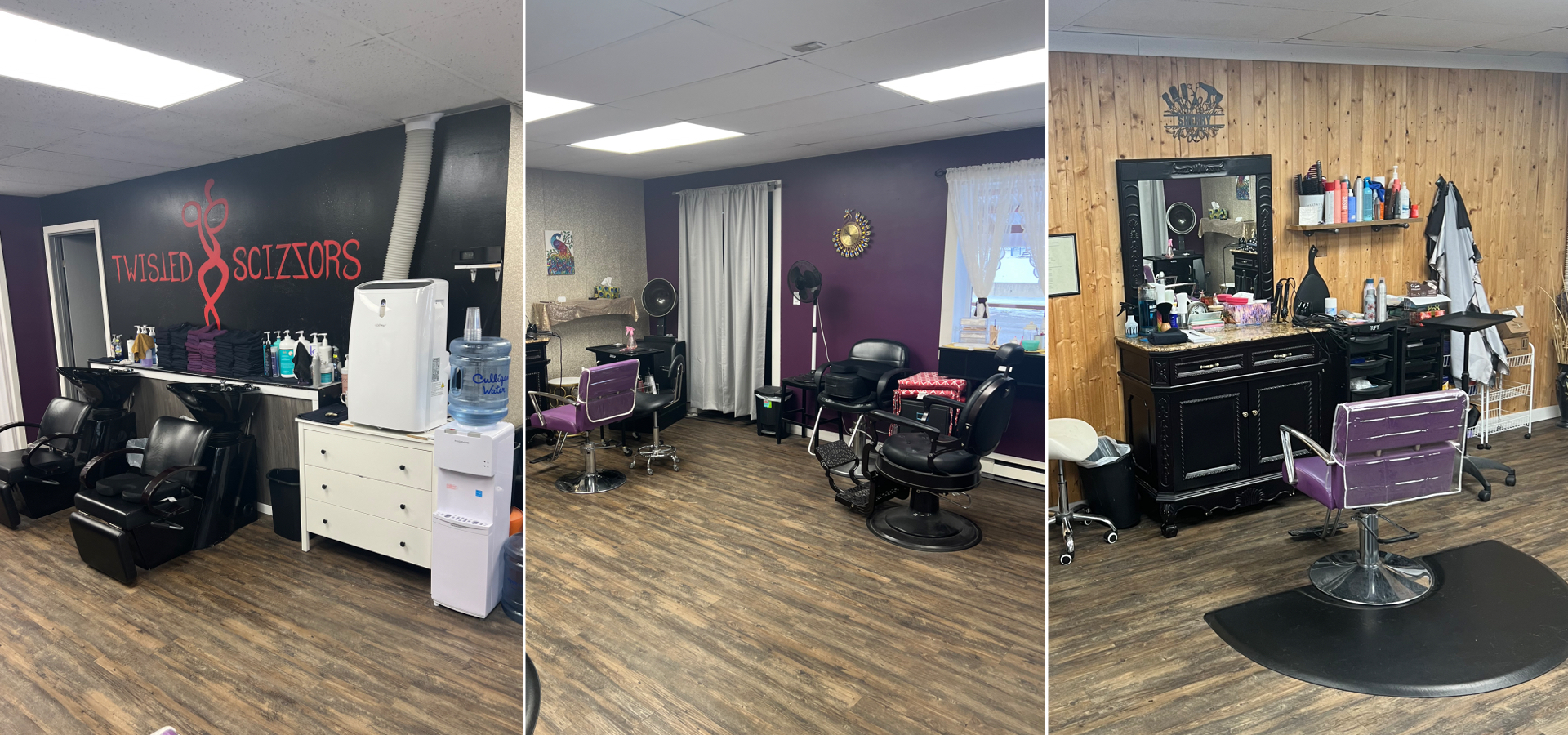 Collage of images showing a salon with mirrors, black sofa and hairdressing chair and equipment 