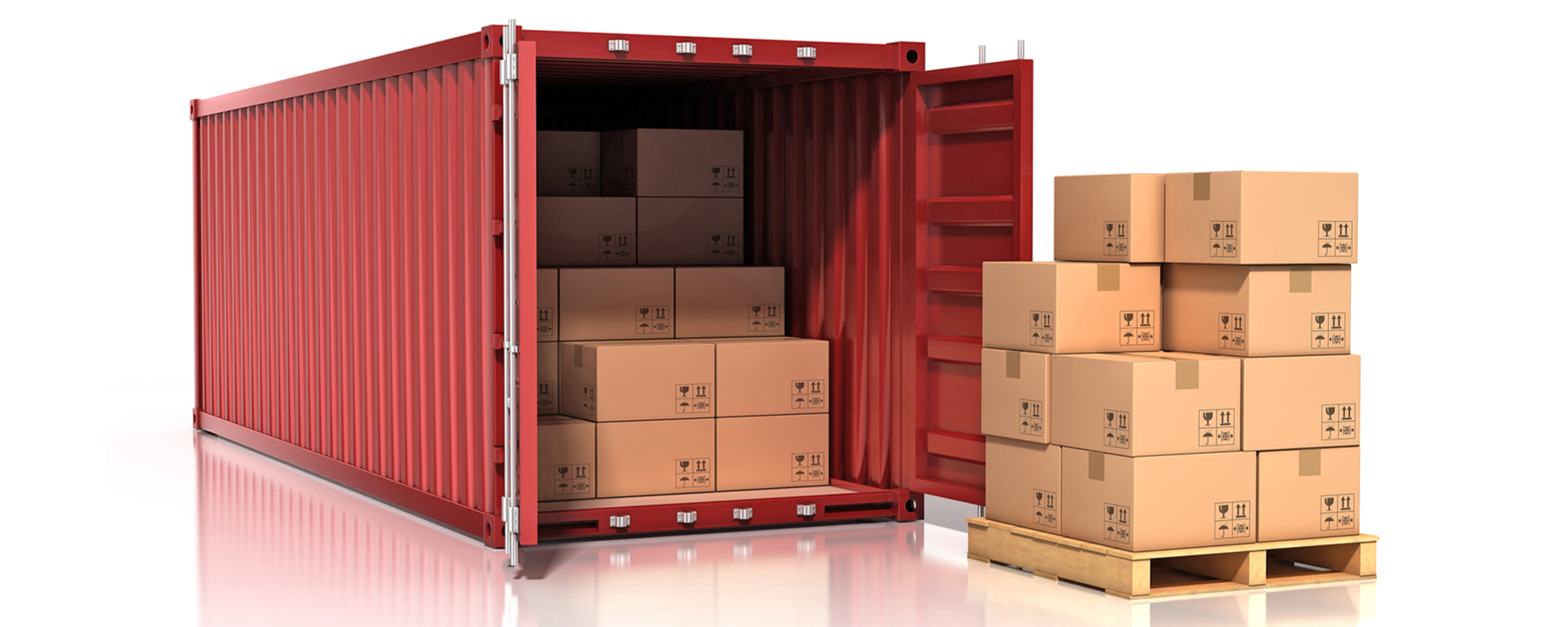A large, open red shipping container filled with stacked moving boxes, with more boxes on a pallet outside the container. 
