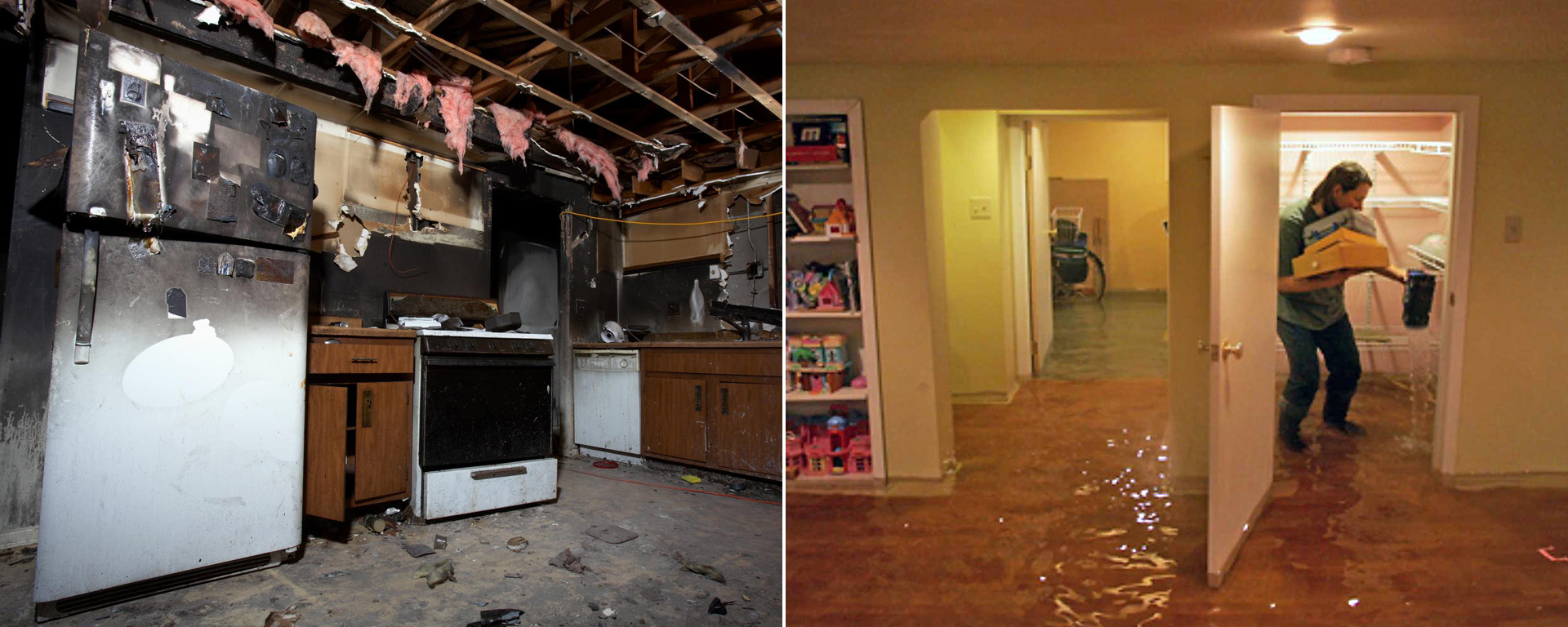 Photos of a fire damaged home (left) and a flooded home on the right 