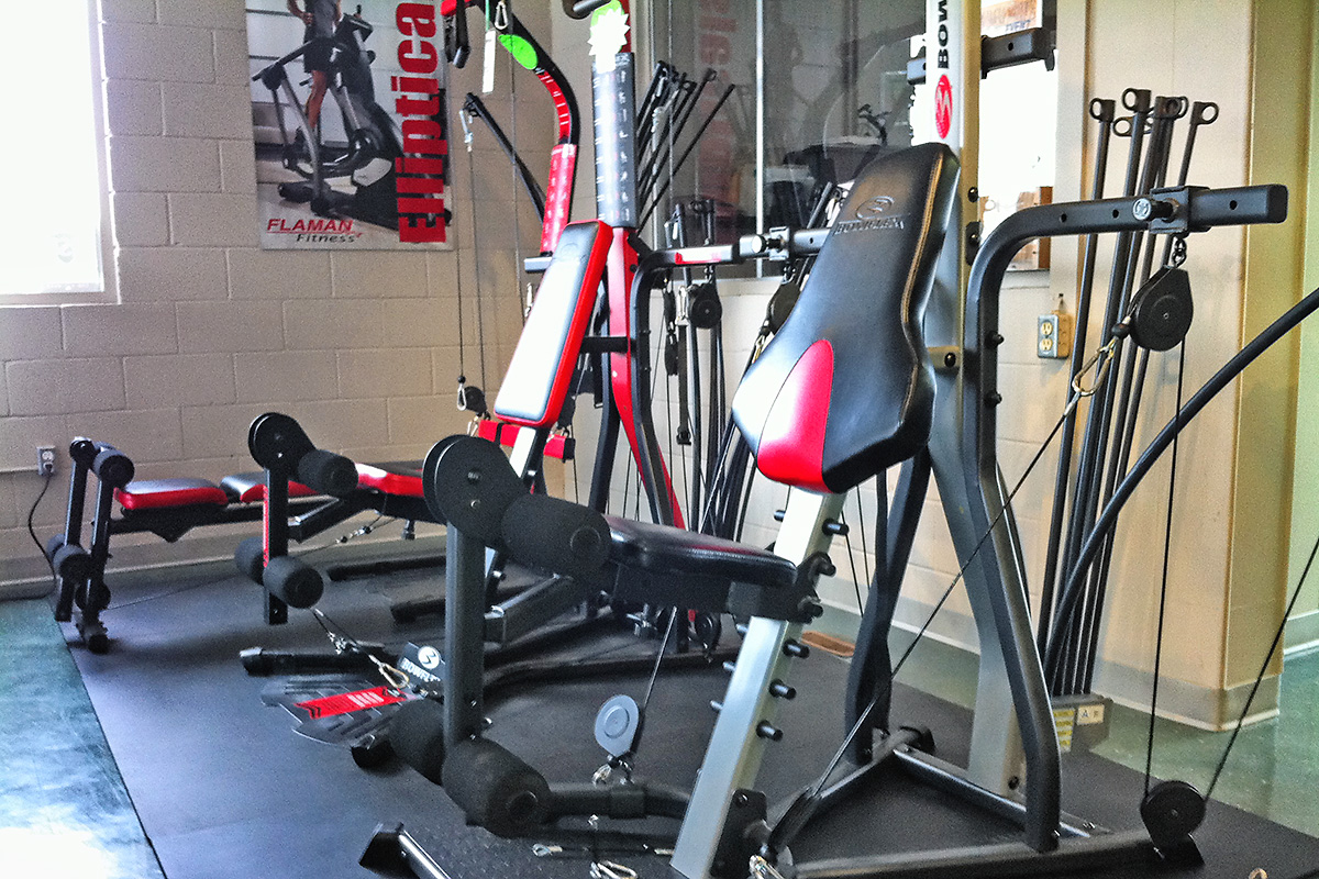 Inside store displaying workout equipment 