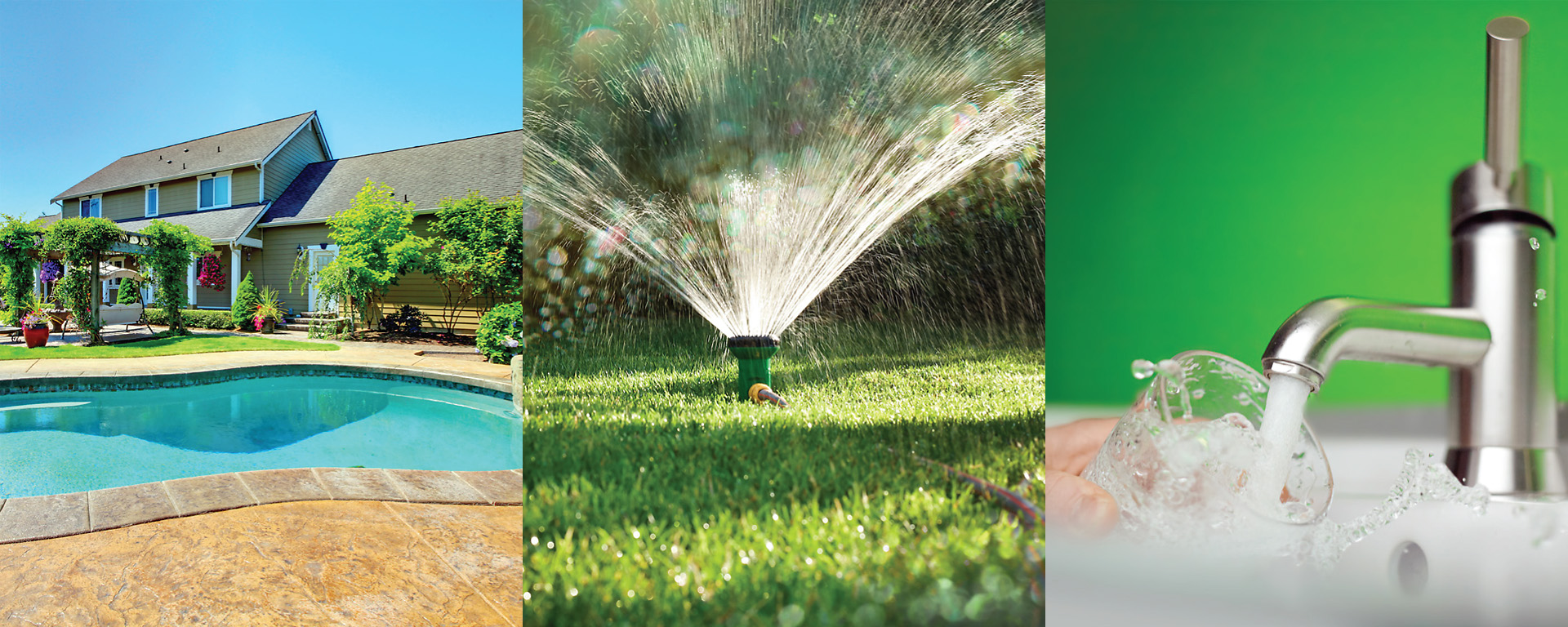 Three images side by side, showing a swimming pool, a lawn sprinkler and a running faucet 