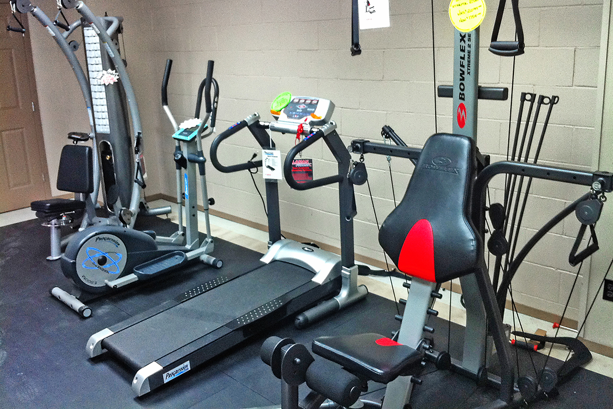 Inside store displaying workout equipment 